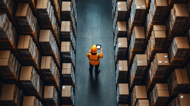 Automated logistics center, worker tracking inventory data with a digital device, warehouse shelves in the background, business-friendly layout