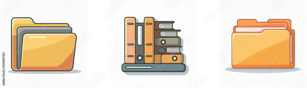 Poster three icons depict digital file organization. two yellow folders represent documents, and a bookshel
