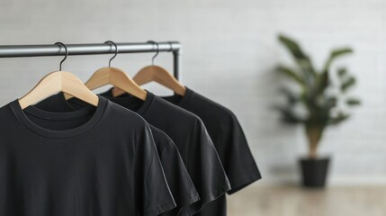 Blank Black T-Shirts On Wooden Hangers