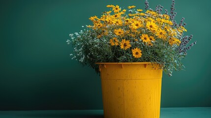 Vibrant yellow flowers in a bright yellow pot against a deep green background, showcasing nature's beauty