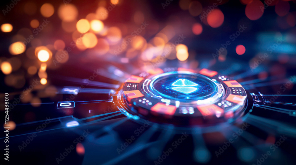 Poster futuristic digital interface with glowing elements and effects.