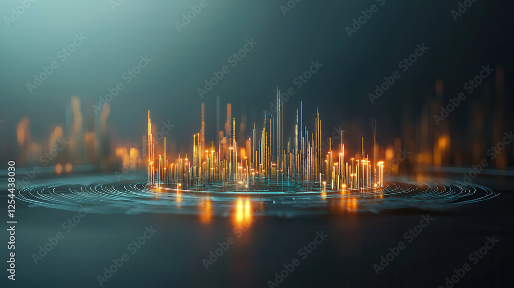 Poster futuristic economy simulation with glowing data visualization elements, showcasing vibrant colors an