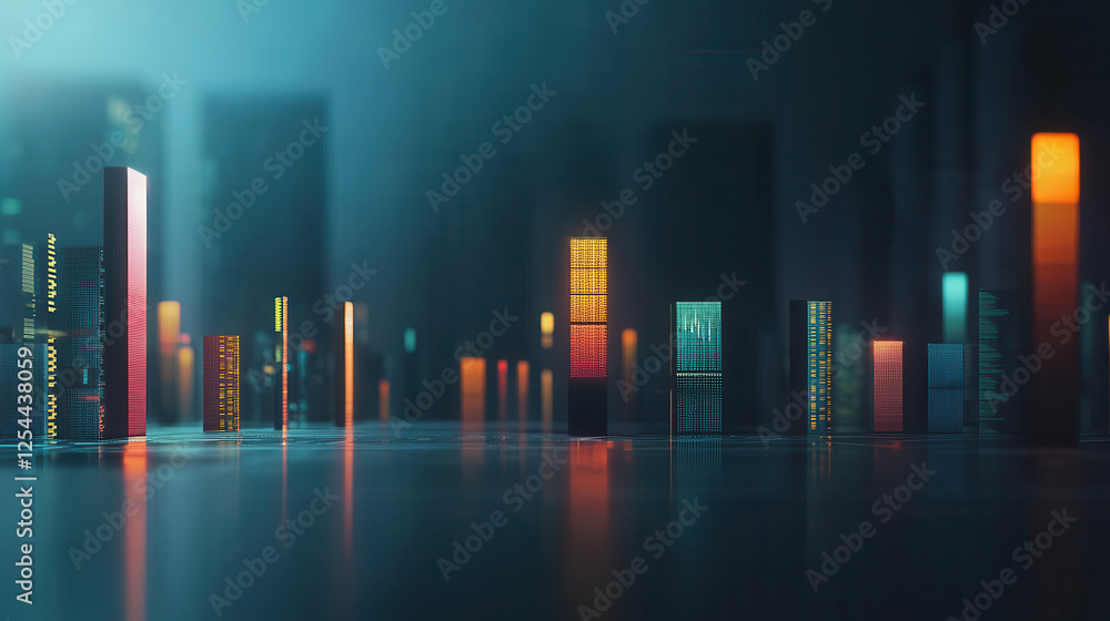 Poster modern digital finance platform with vibrant data visualizations and glowing bars representing trade