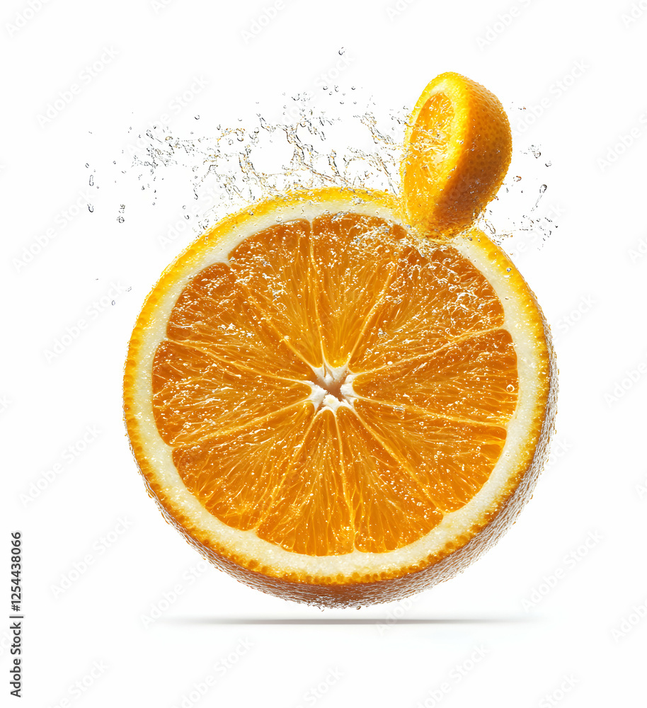 Poster zesty citrus splash, a vibrant orange slice with cascading droplets, symbolizing freshness and invig