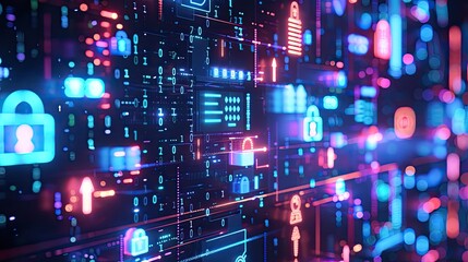 Fototapeta premium Glowing symbols and icons representing secure data privacy and compliance