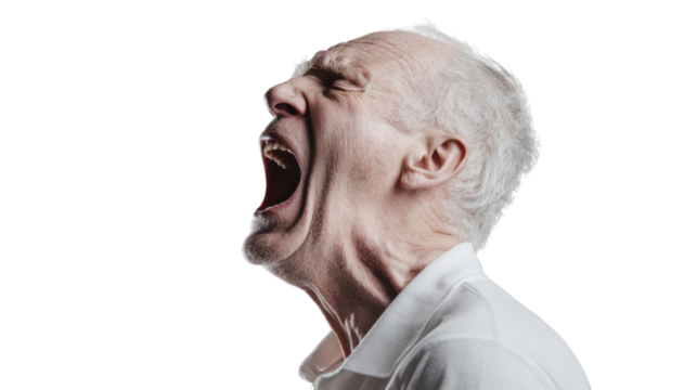 Senior man shouting with transparent background: expressing anger and frustration