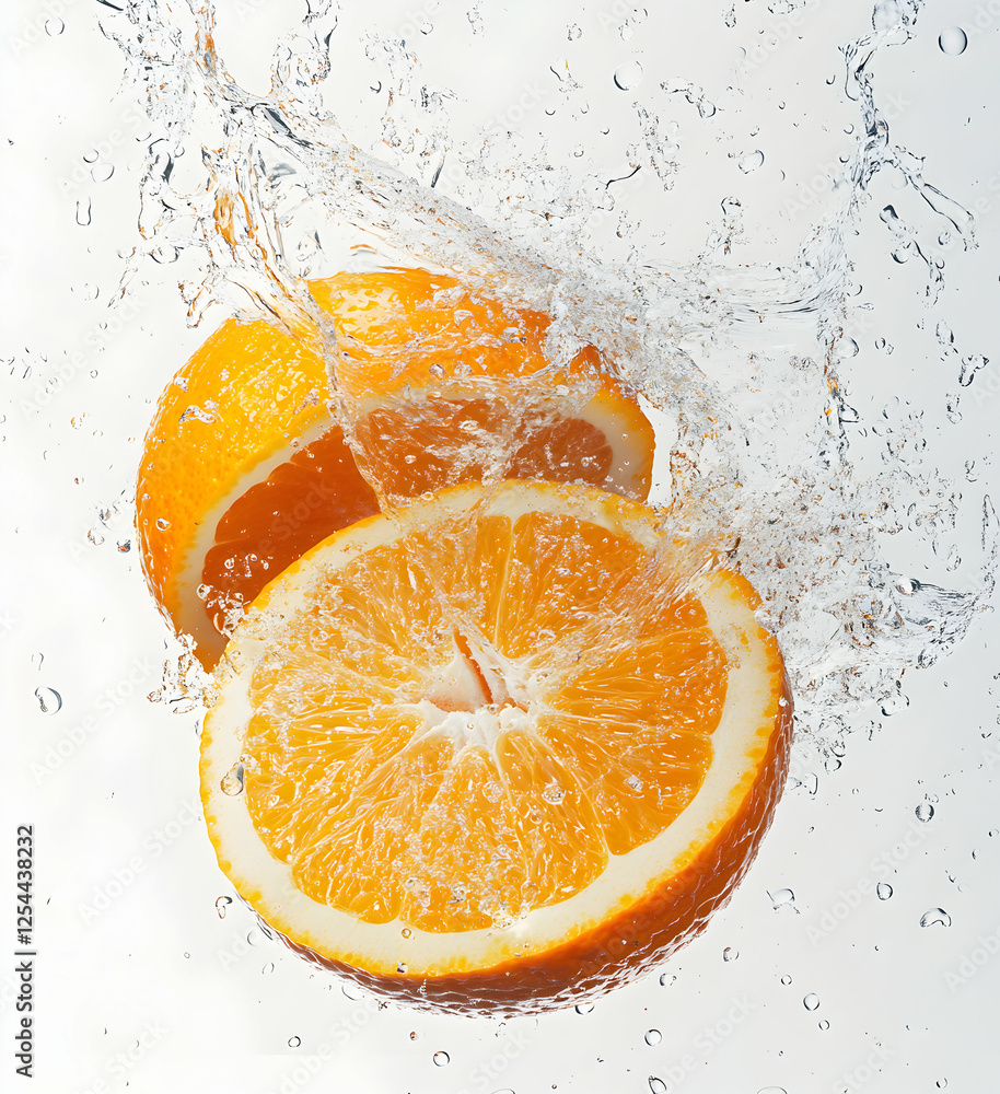 Poster vibrant orange slices invigorated by a splash of crystalline water, creating a refreshing and dynami