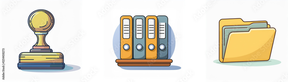 Poster icons of a stamp, binders neatly arranged on a shelf, and an open folder are displayed against a whi