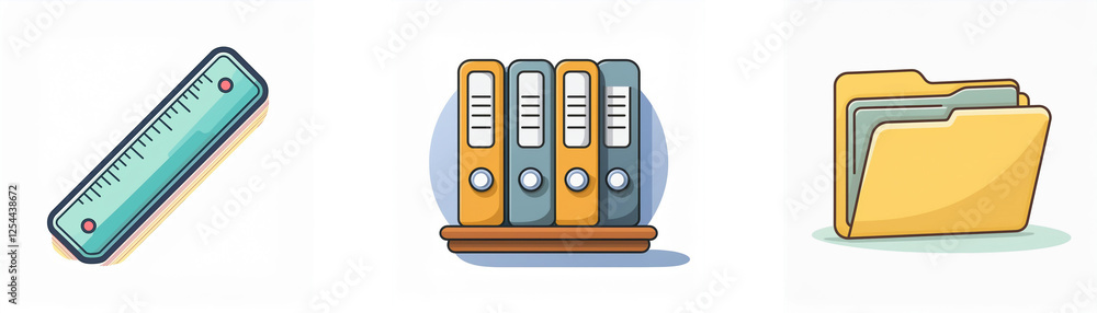 Poster image features a ruler, file binders standing on a shelf, and a file folder. these are common office