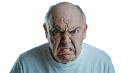 Senior man showing angry facial expression on transparent background