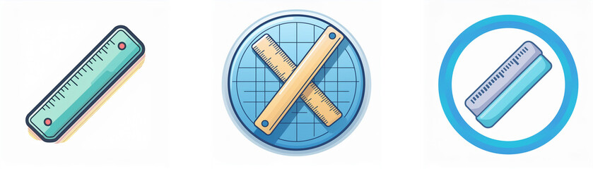 Obraz premium Three cartoon icons display rulers: a single ruler, crossed rulers in a circle, and a ruler inside a circle. These represent measuring instruments.