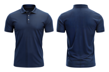 navy blue blank polo shirt front and back view isolated on transparent white background
