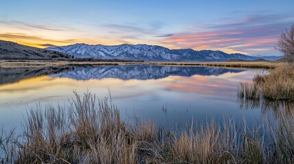 Obraz premium A peaceful lake reflecting the surrounding mountains at sunset.