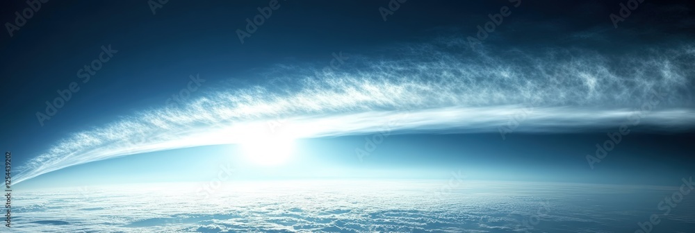 Poster subtle stratus clouds fading into the distant horizon with a soft glowing light creating a tranquil 