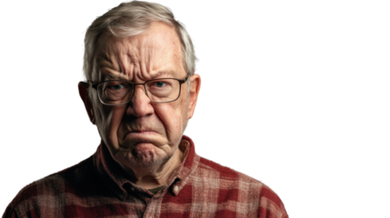 Grumpy senior man showing displeasure with transparent background