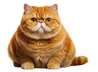 Orange fluffy cat with a snub nose serious pose sitting