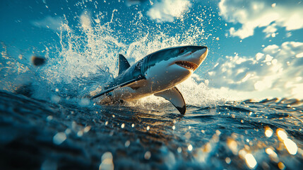Obraz premium A powerful great white shark breaching the ocean surface with water splashing around, showcasing its strength, agility, and dominance in the wild marine environment under a cloudy sky