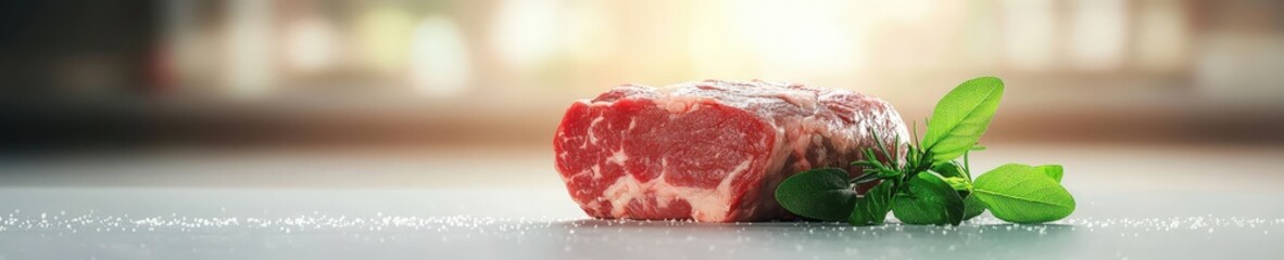 Obraz premium Fresh Beef Cut with Green Herbs on Gray Background