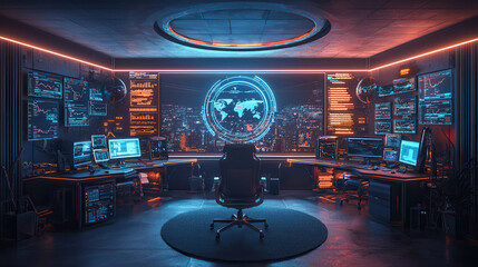 Naklejka premium Futuristic data hub with glowing screens, city view, and modern design