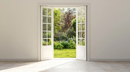 Open PVC door leading to a backyard with greenery outside.