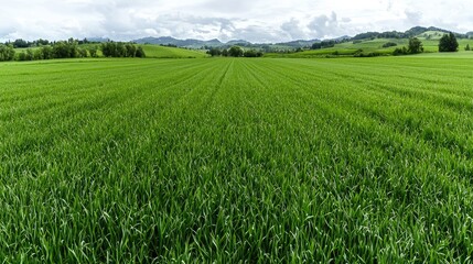 Obraz premium Lush green field, rolling hills background, farmland landscape, agriculture