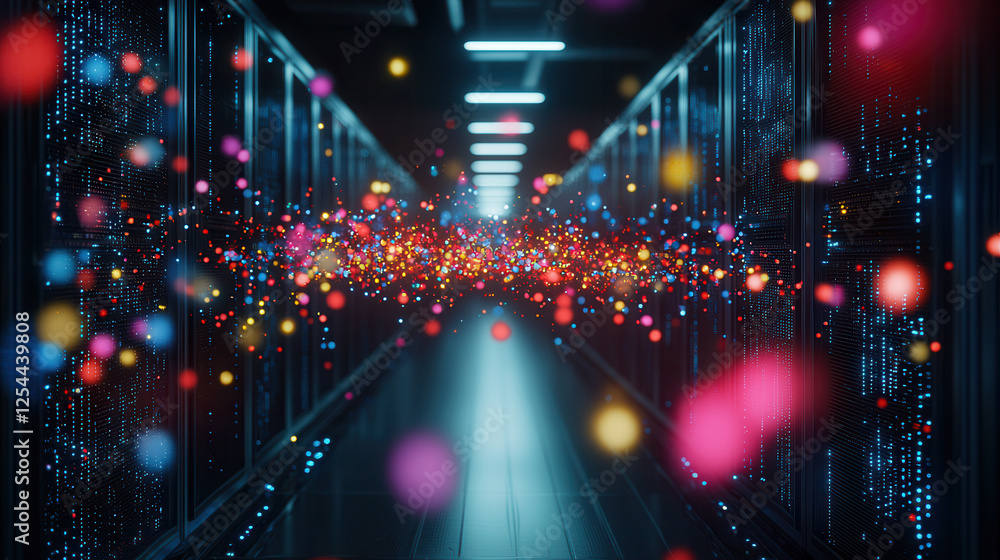 Poster digital data flow in server room with colorful particles and lights