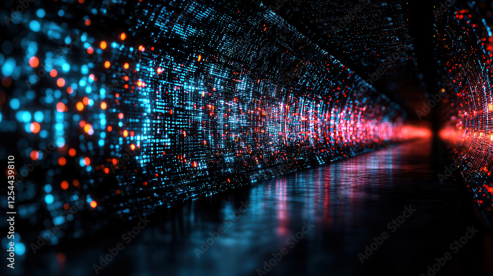 Poster digital tunnel with glowing blue and red lights, representing data flow and cybersecurity concepts