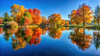 Obraz premium Serene autumn park with vibrant tree reflections in a serene lake under a clear blue sky, showcasing the beauty of nature's transition , lake, natural scenery