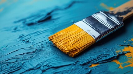 Fototapeta premium Close up of Paintbrush on Textured Teal and Gold Acrylic Paint