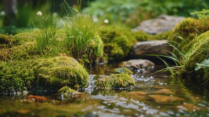 Moss-covered rocks in a tranquil woodland stream