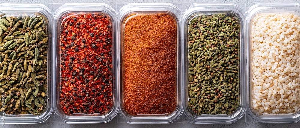 Poster meal kit services concepts colorful spices arranged in clear containers on a surface.