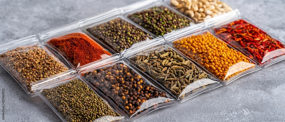 Poster meal kit services concepts assorted spices arranged in clear containers on a gray surface.
