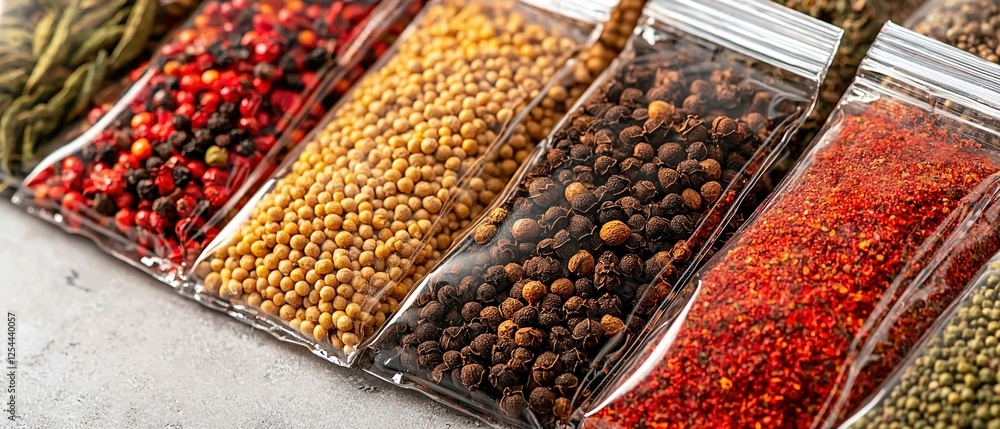Poster meal kit services concepts colorful array of spices in clear bags on a neutral background.