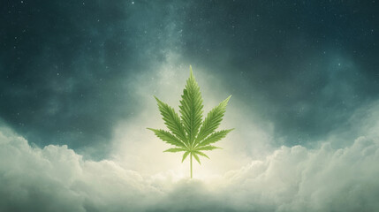 Cannabis Leaf against starry sky with clouds. Marijuana Leaf