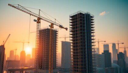 Naklejka premium Building Tomorrow: A Futuristic Construction Site at Sunset