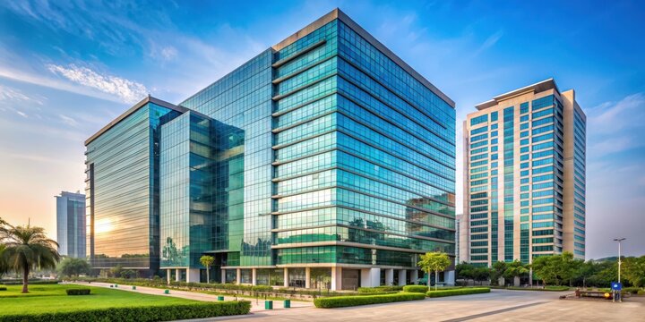 Modern high-rise building with sleek glass and steel fa?ade in Greater Noida , modern architecture, high rise buildings