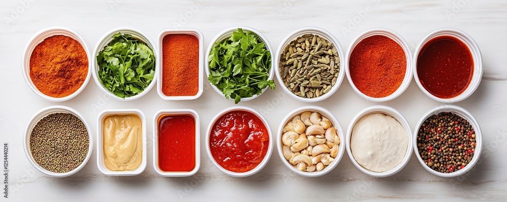 Poster meal kit services concepts colorful array of spices and sauces in small bowls on a wooden surface.