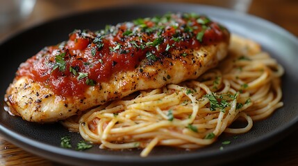 Fototapeta premium A delicious serving of grilled chicken topped with savory tomato sauce, accompanied by a bed of perfectly cooked spaghetti. Fresh herbs add vibrant flavor and garnishing.