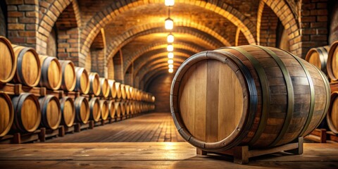 Aged oak barrel with wine barrels aged in the background
