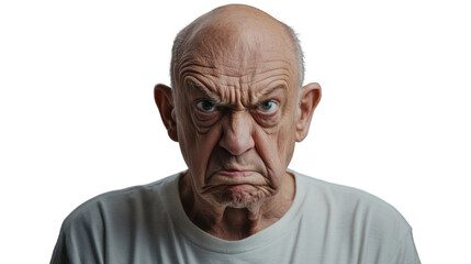 Fototapeta premium Grumpy senior man frowning and showing displeasure on transparent background