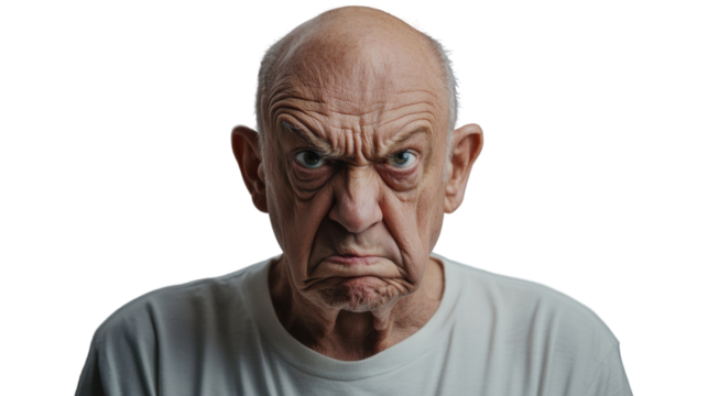 Grumpy senior man frowning and showing displeasure on transparent background