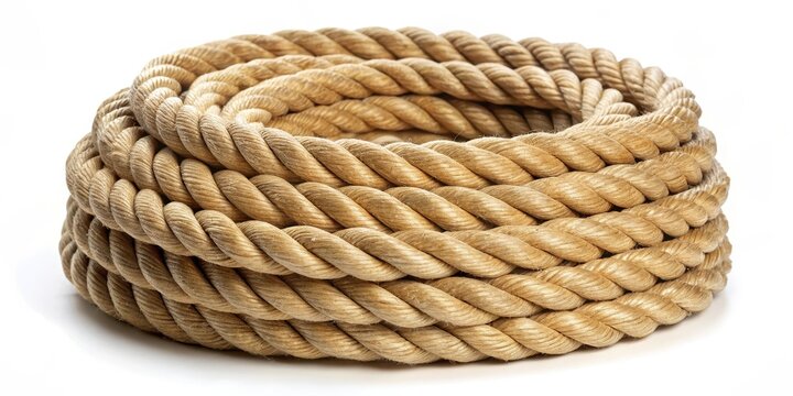 A coiled jute rope with its ends and bight locked in a secure position by being tucked under each other , secured, tied