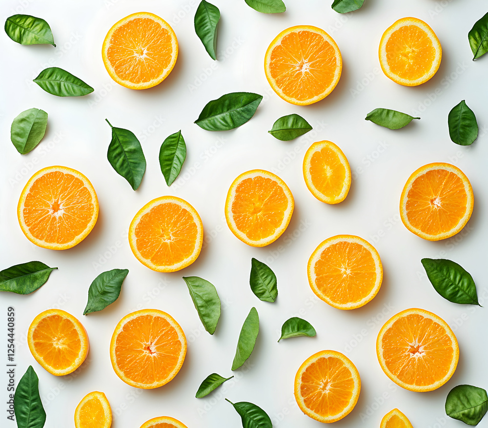 Poster a vibrant display of halved oranges and verdant leaves arranged symmetrically on a pristine white su