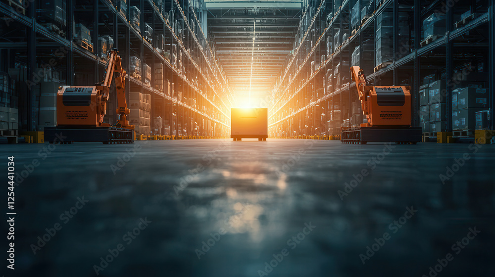 Poster automated warehouse with delivery robots and glowing sunset in background