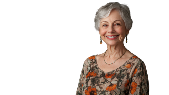 Smiling senior woman with transparent background: perfect for easy integration