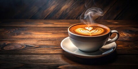 Fototapeta premium Steaming hot cappuccino with creamy latte art on a dark wooden surface
