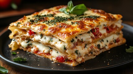 A delicious serving of lasagna layered with cheese, meat, and tomato sauce, garnished with fresh herbs. This appetizing dish is perfect for family dinners and gatherings.