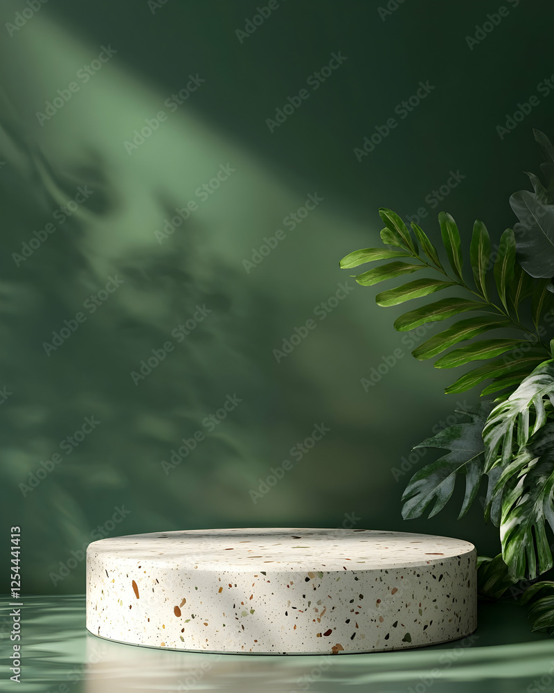 Poster elegant presentation platform with terrazzo texture and botanical elements, illuminated by soft ligh