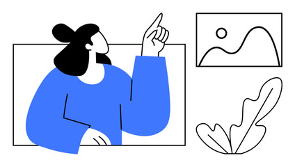 Minimalist drawing of a person pointing upwards, simple picture frame, plant outline. Ideal for creativity, innovation, presentation, education, art simplicity minimalist design. Perfect abstract