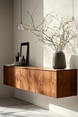 Modern minimalist interior featuring a wooden floating cabinet with decor and natural light